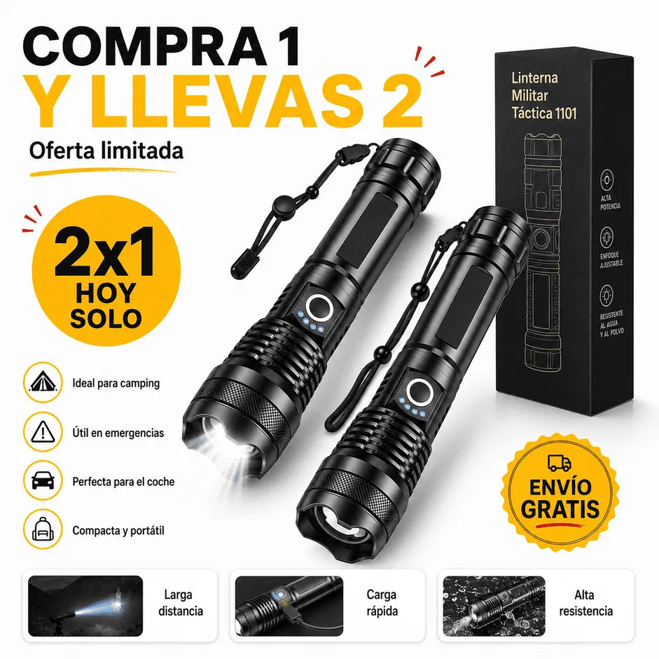 Linterna Táctica de Largo Alcance | Recargable, 5 Modos, Aluminio Reforzado [COMPRA 1 Y LLÉVATE 2]