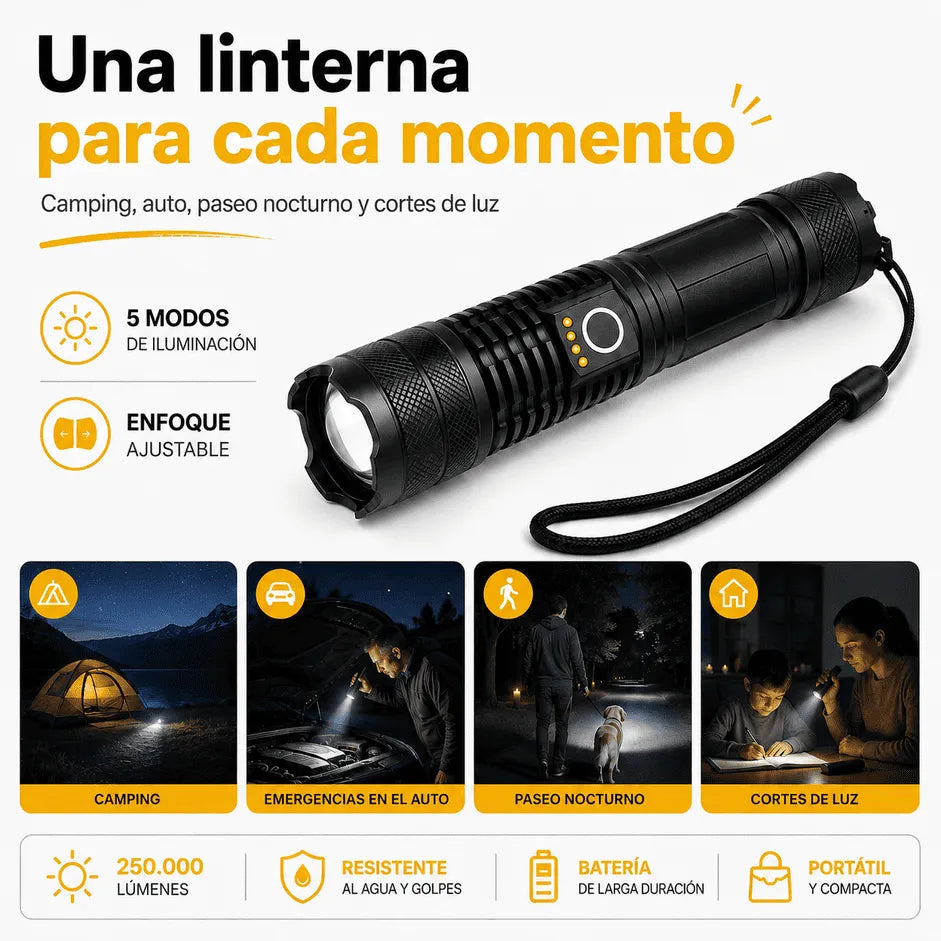Linterna Táctica de Largo Alcance | Recargable, 5 Modos, Aluminio Reforzado [COMPRA 1 Y LLÉVATE 2]