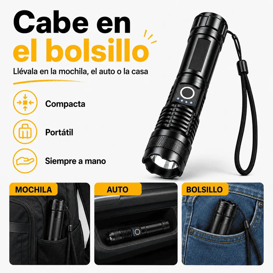 Linterna Táctica de Largo Alcance | Recargable, 5 Modos, Aluminio Reforzado [COMPRA 1 Y LLÉVATE 2]